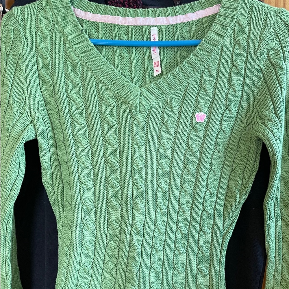Y2K! Aeropostale Green Cable Knit V-Neck Sweater